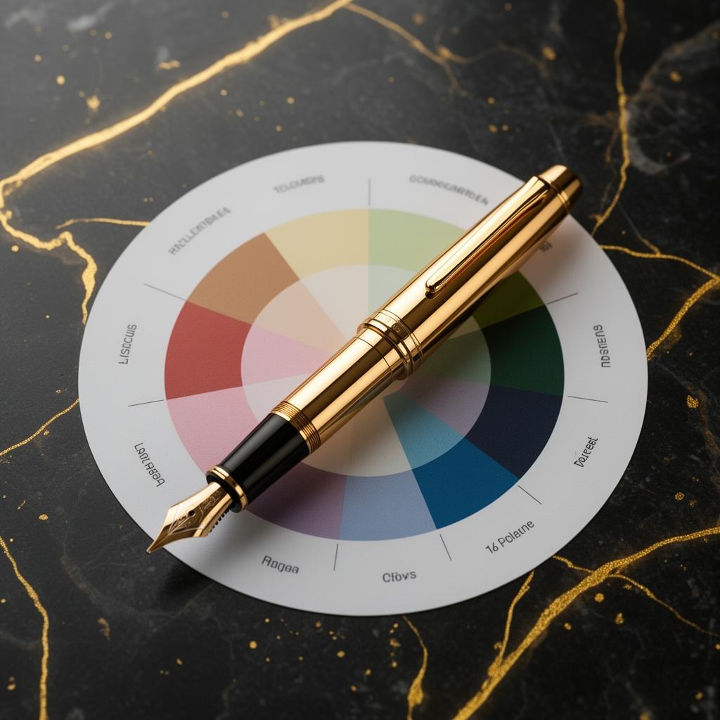 Caneta dourada sobre roda de cores representando design premium
