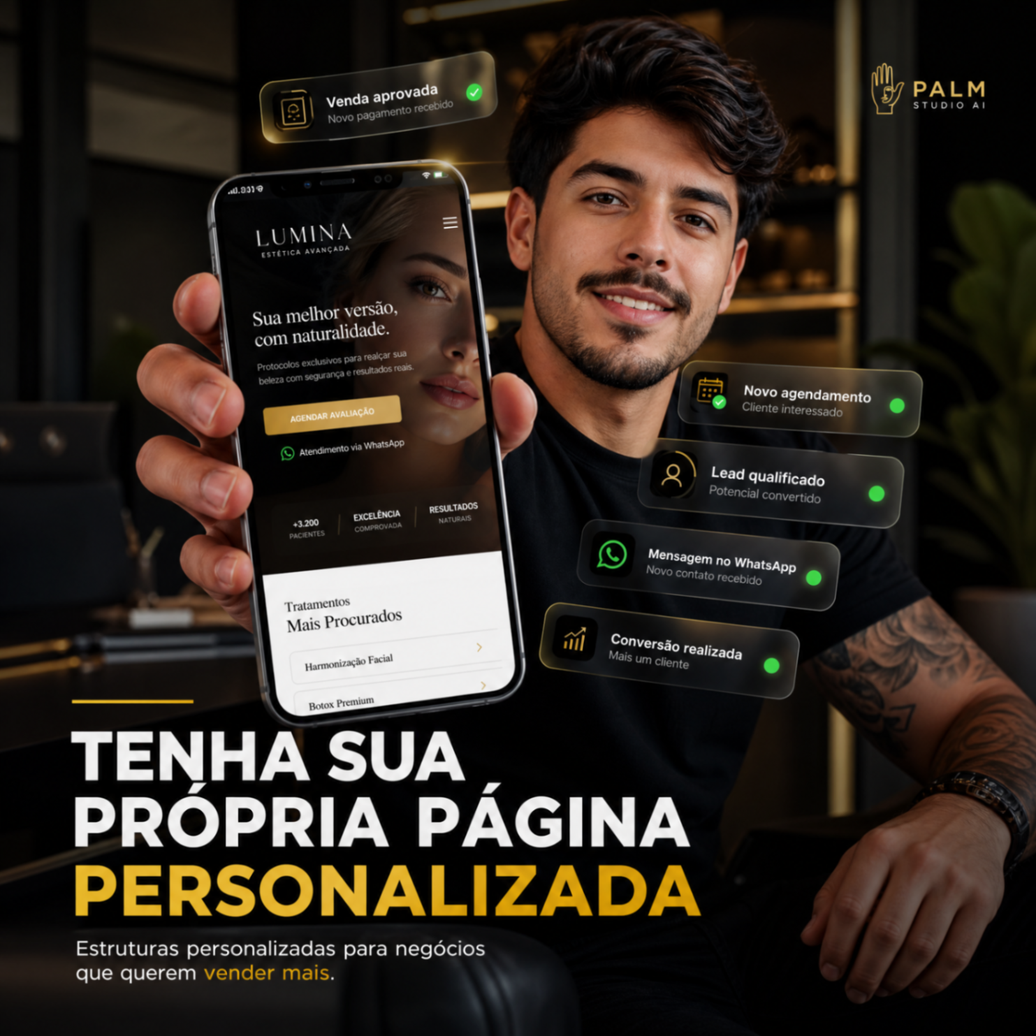 Página de vendas personalizada Palm Studio com notificações de conversão